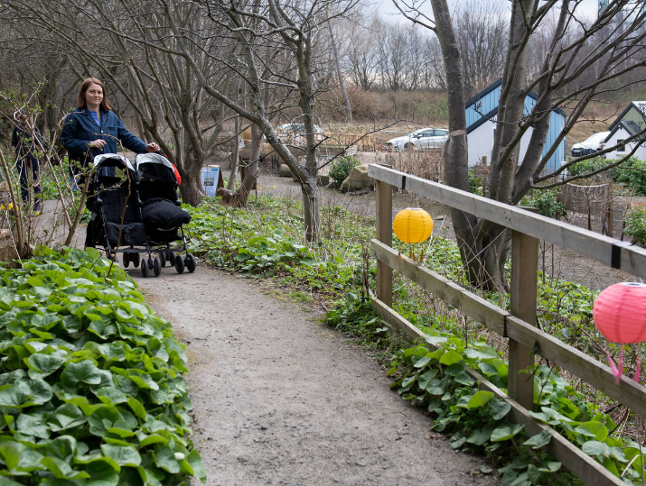 A parent wheels a buggy along a woodland path.