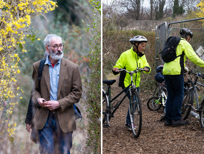 A composite image showing a gentleman walking along a path (left) and two cyclists storing their bikes (right).