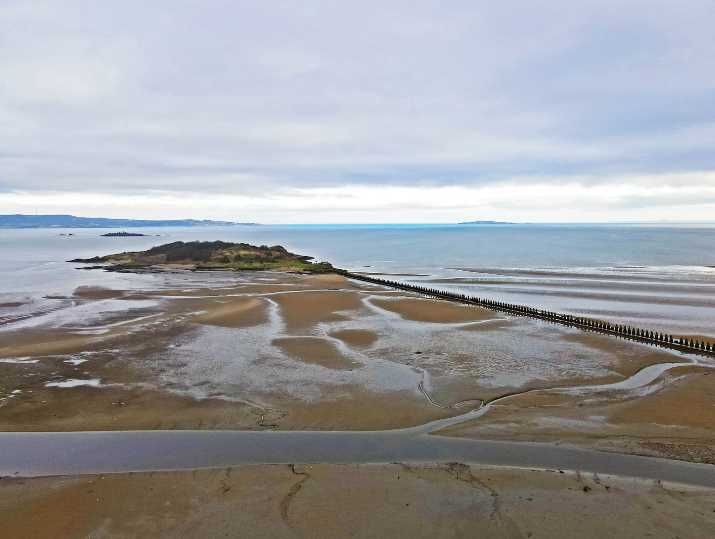 An aerial shot of the Crammond Beach, and in the distance the Fife coast.
