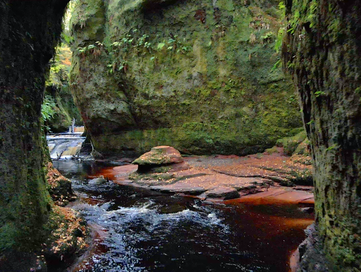 moss covered gorge with sandstone red water devil's pulpit