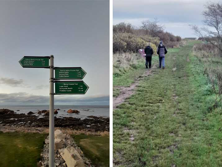 A montage of images showing community path signage and two people enjoying a walk.