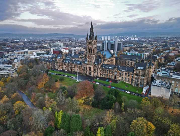 An aerial image showing the University of Glasgow and Kelvingrove Park, with the city of Glasgow sprawling into the distance.