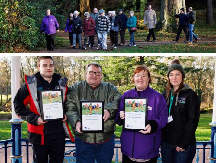 Montage of photos showing people enjoying a Health Walk as part of a special launch event, with representatives of groups involved in the ugrades receiving an accreditation award.