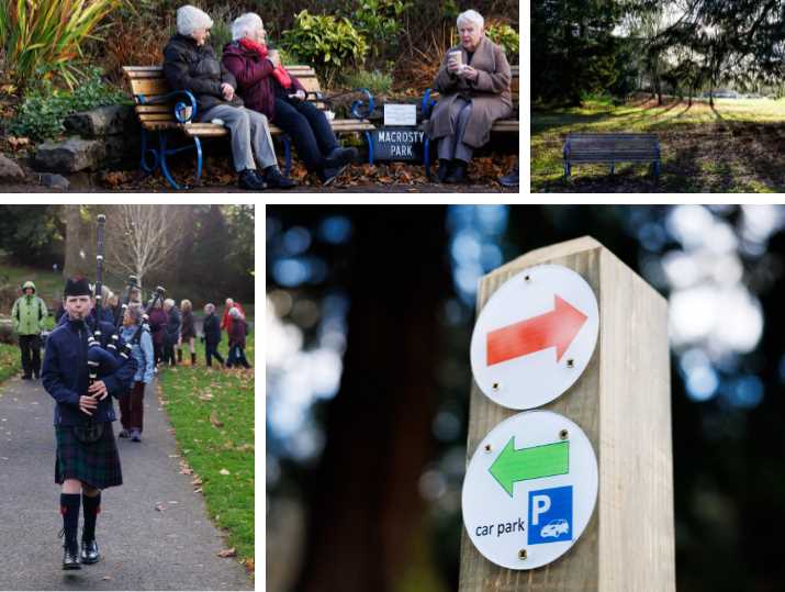 A montage of images showing people enjoying a Health Walk led by a young piper, sitting with beverages, and open spaces in the park.