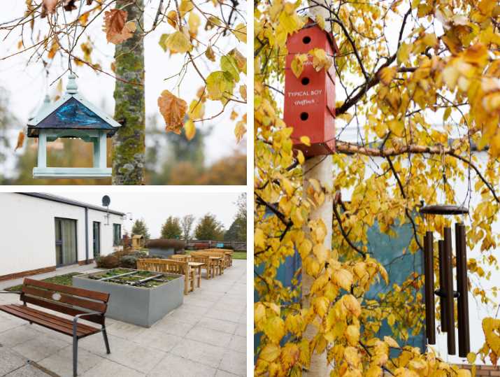 A montage of images showing poem objects - a wind chime, bird box and hanging feeder) by Alec Finlay (credit: Kristie de Garris) and raised beds with seating.