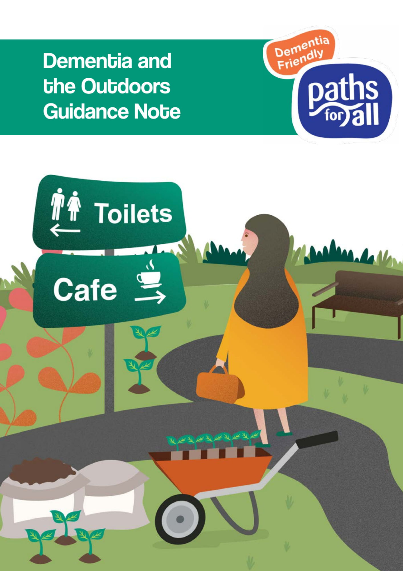 An illustrative graphic showing an individual consulting a dementia friendly sign on a path.